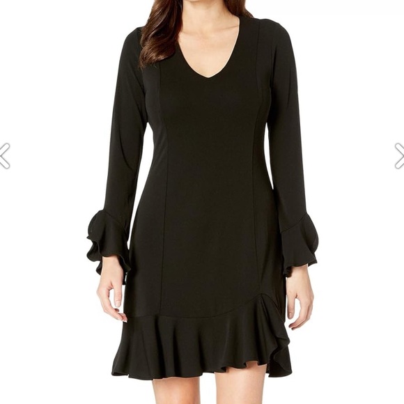 Karen Kane Black Sienna Dress Ruffle Hem Bell Sleeves V-Neckline - Picture 2 of 16